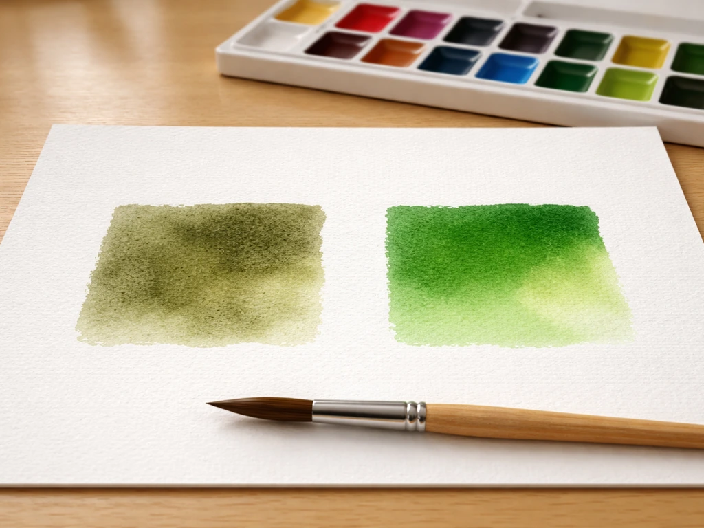Deux zones d’aquarelle côte à côte : boue verte à gauche, correction plus propre à droite, pinceau sur une table.