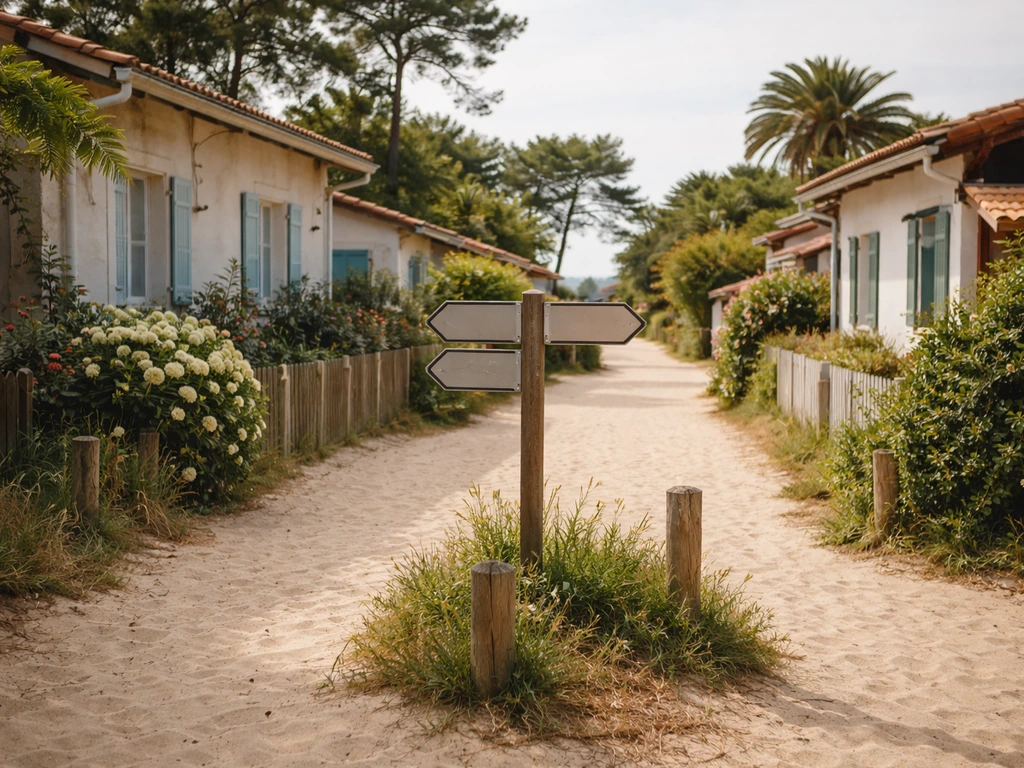 Rue du Village de l’Herbe à Lège-Cap Ferret, avec panneaux discrets de direction, ambiance locale