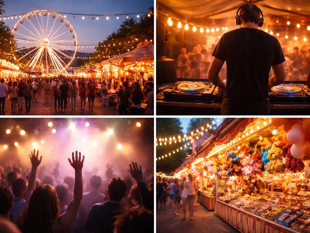Mosaïque de vignettes photo d’une fête foraine au crépuscule, DJ et animations du week-end.