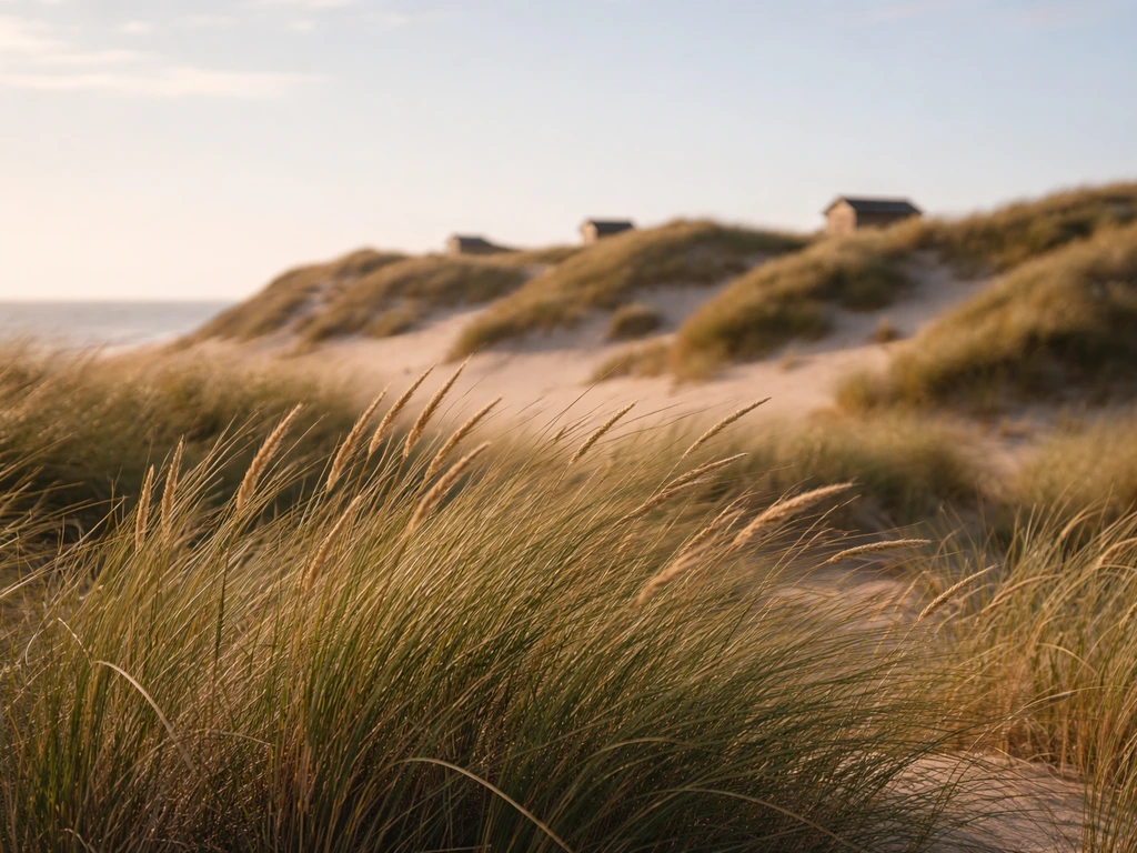 Herbe des dunes au premier plan, dunes et petites cabanes en arrière-plan, ambiance côtière calme.