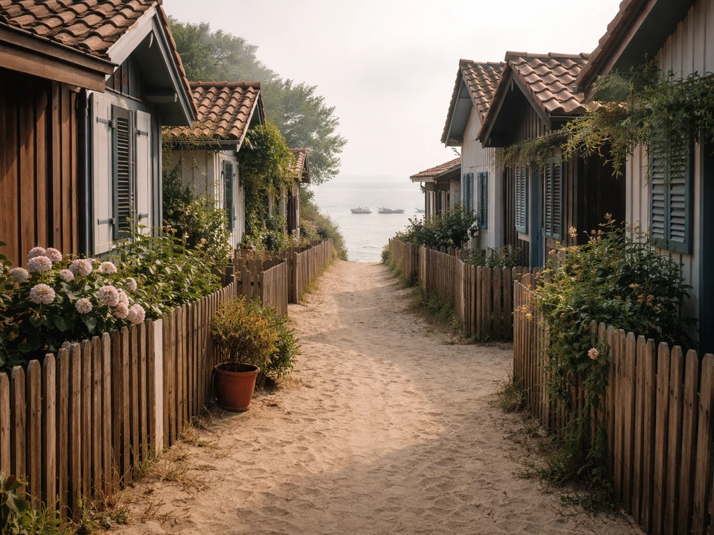 Ruelle calme du village de l’Herbe à Cap Ferret, cabanes en bois et aperçu du bassin au loin.