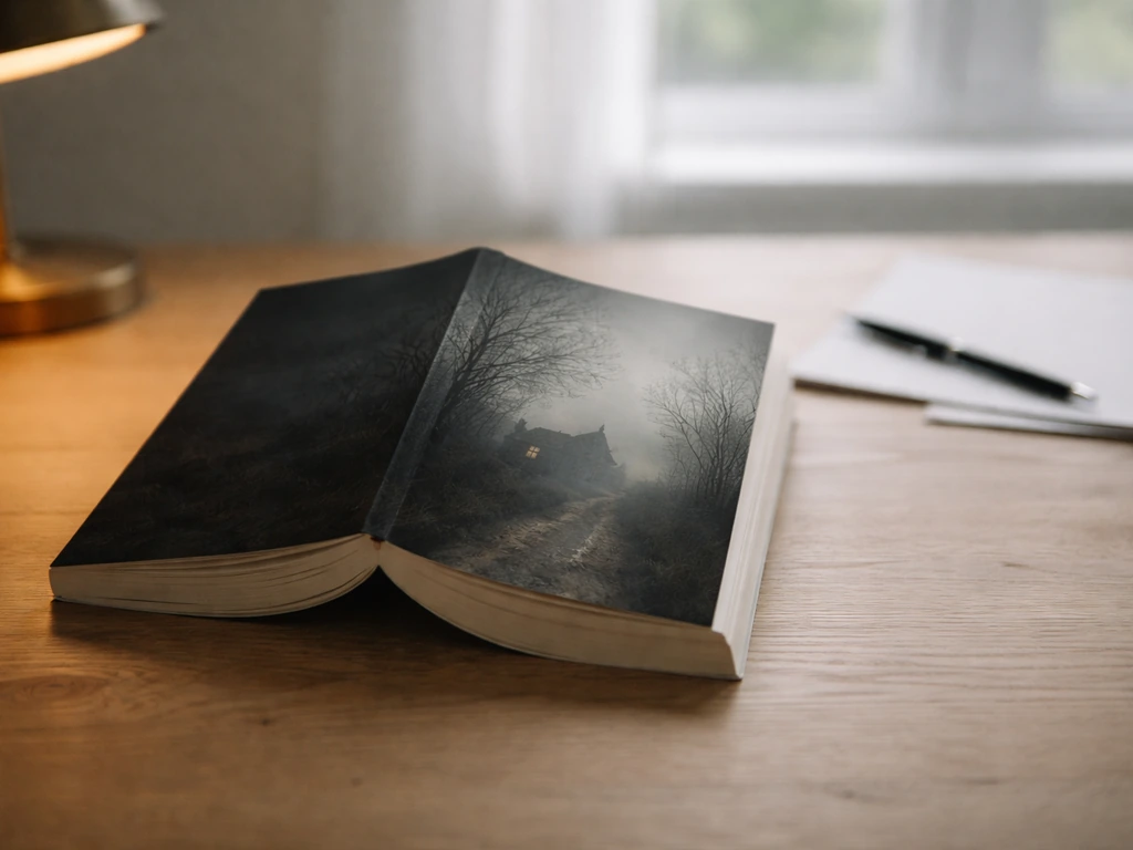 Livre posé sur une table, lumière naturelle, ambiance enquête, couverture d’un roman de disparition.
