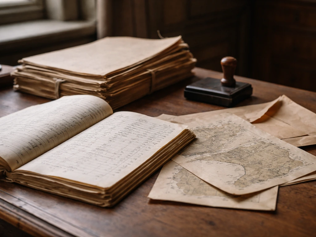 Cahier d’archives et cartes anciennes sur un bureau, ambiance historique ostréicole