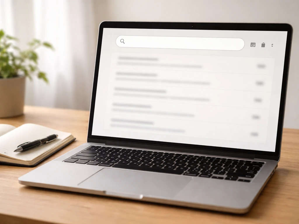 Écran d’ordinateur montrant une recherche en ligne générique, avec icônes de filtre et carnet sur le bureau.