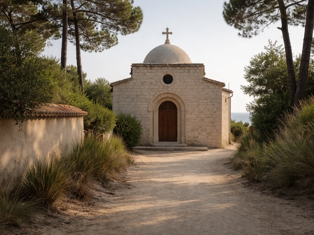 Chapelle algérienne à l’Herbe (Cap Ferret) au milieu d’une ruelle calme, végétation côtière et lumière naturelle.