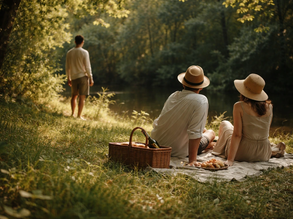 Silhouettes anonymes dans une clairière, inspirée de « Le Bain » : pique-nique sur l’herbe et scène évoquant l’eau.