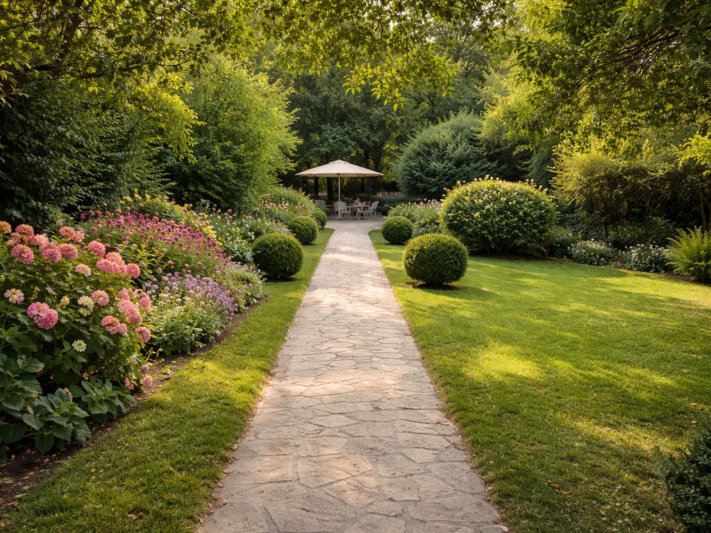 Allée en pierre dans un jardin vert à Cambo-les-Bains, menant vers une terrasse ombragée, ambiance paisible.