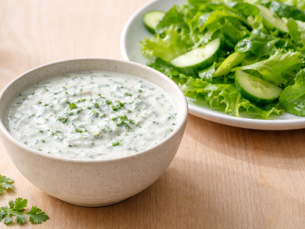 Bol de sauce yaourt-herbes fraîches à côté d’une salade verte prête à être assaisonnée.