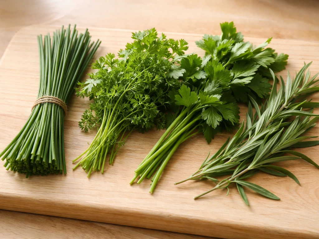 Bouquet d’herbes fraîches (ciboulette, cerfeuil, persil plat, estragon) prêtes à être ciselées sur une planche.