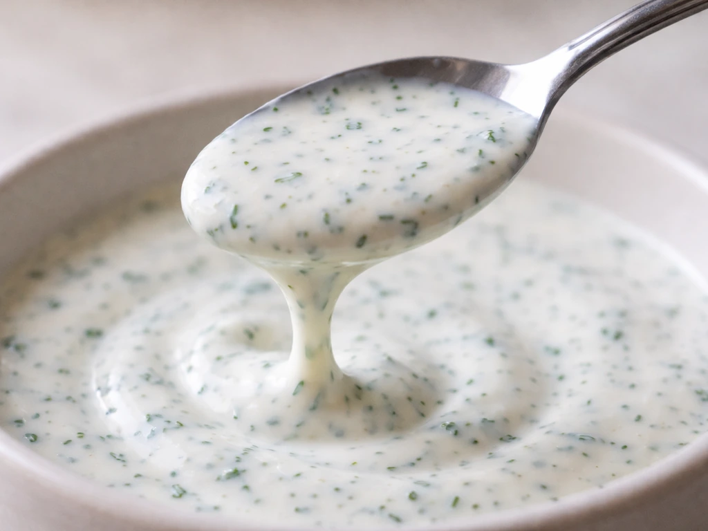 Cuillère nappée de sauce yaourt-herbes lisse et homogène, vue rapprochée sur la texture.