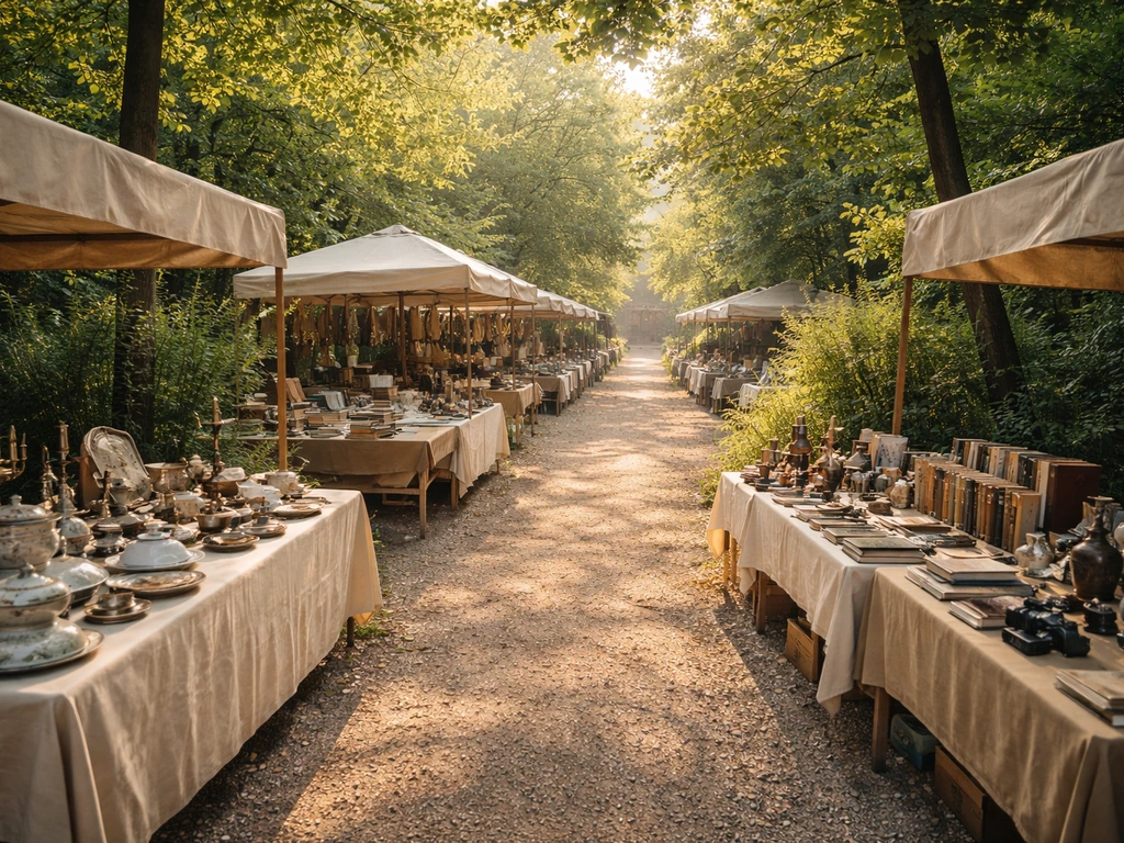 Allées de brocante dans un parc, stands et objets chinés, lumière du matin au Saint-Germain-la-Blanche-Herbe.