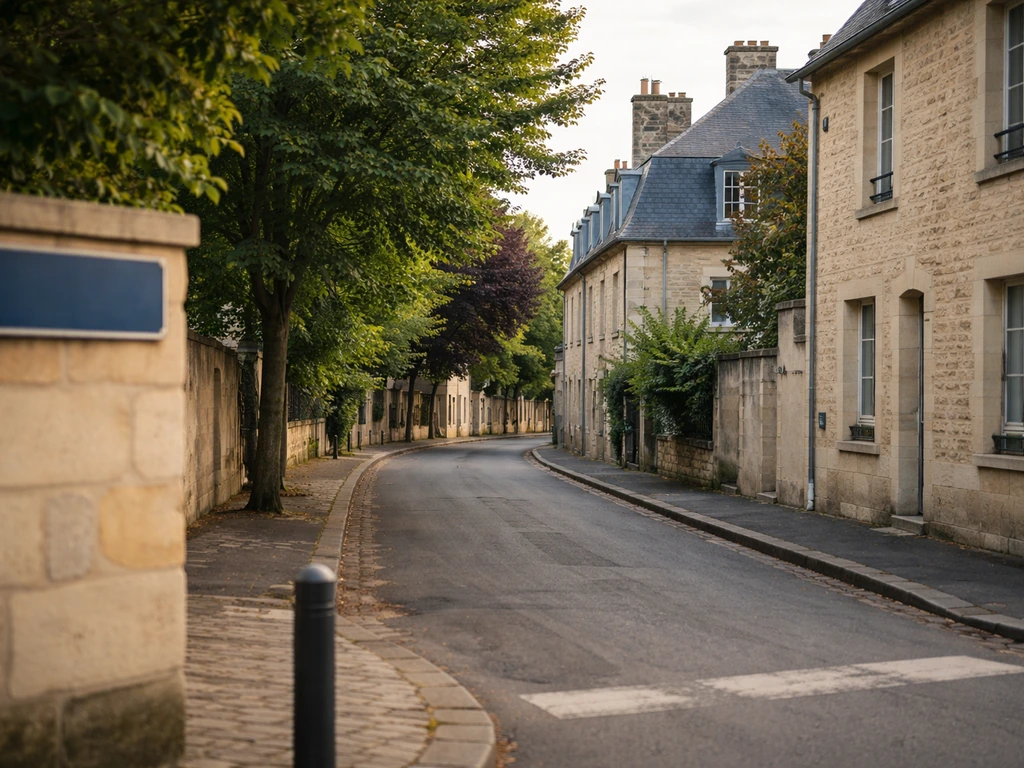 Intersection de quartier résidentiel avec une signalisation floue, évoquant le secteur Saint-Germain-la-Blanche-Herbe.