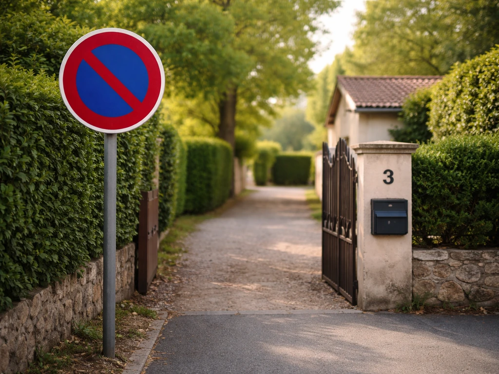 Panneau de stationnement et rue résidentielle menant au numéro 3 place du Clos Maulier à Saint-Germain-la-Blanche-Herbe.