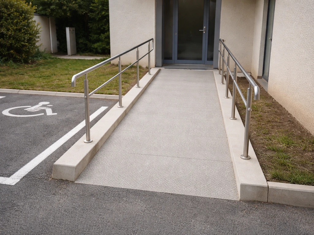 Rampe d’accès PMR avec cheminement au sol plat et poignée de porte, vue depuis l’entrée d’un bâtiment.