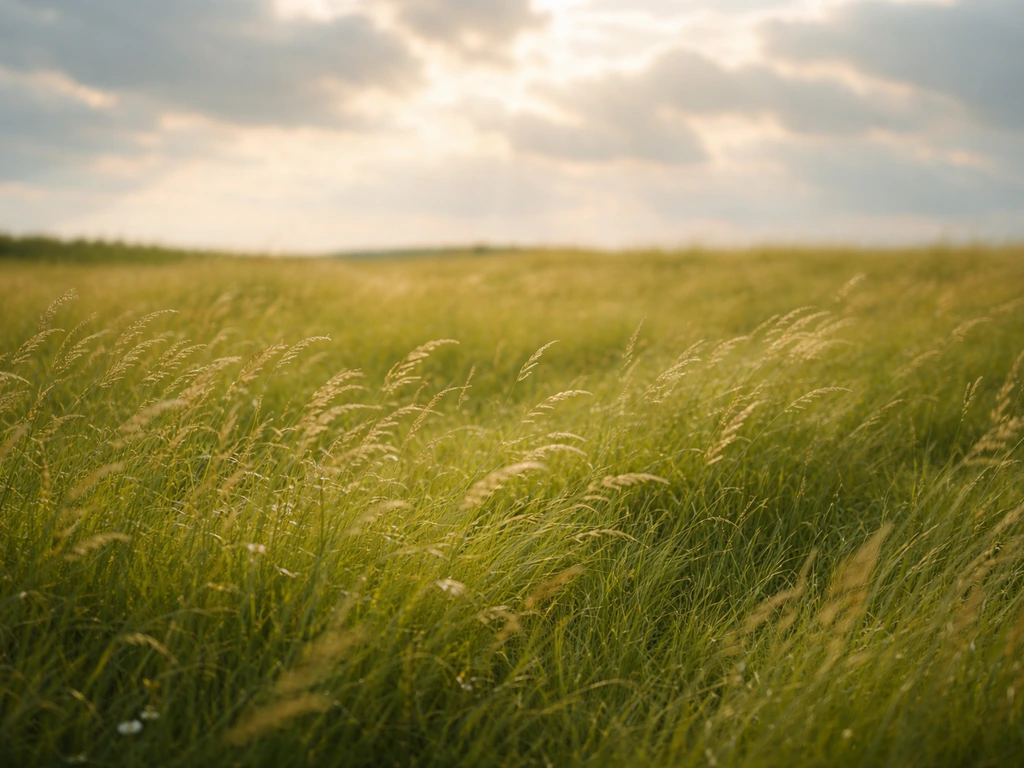 Prairie d’herbe haute baignée de lumière dorée, ambiance impressionniste, sans personnes ni texte.