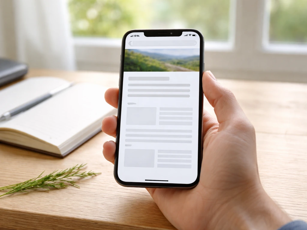 Main tenant un smartphone montrant une page web floue, avec un brin d’herbe sur une table près d’une fenêtre.