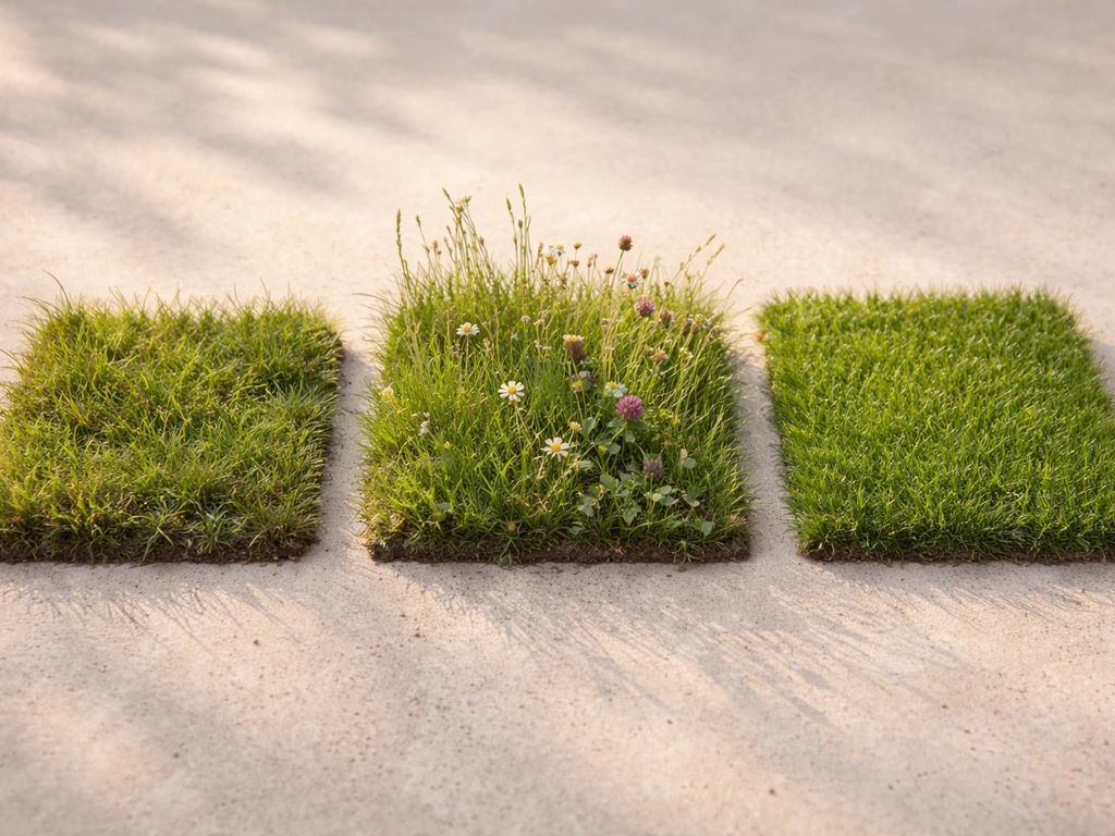 Trois mini-zones de végétation côte à côte montrant des textures d’herbe, prairie et gazon.