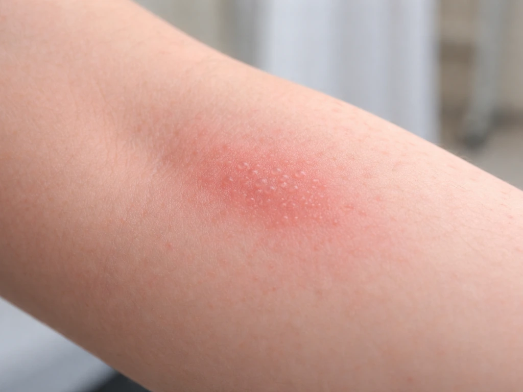 Gros plan clinique de peau rouge avec petites vésicules, évoquant une réaction type bouton après herbe à puce.