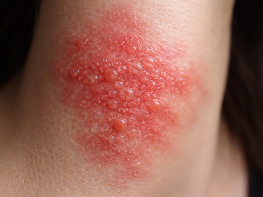 Macro d’une peau irritée par dermatite de contact avec rougeurs et petites vésicules, fond neutre.