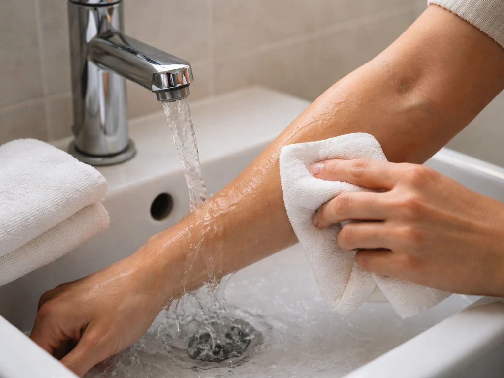Personne anonyme lavant une zone de peau exposée à l’eau froide, calmement, dans la salle de bain.