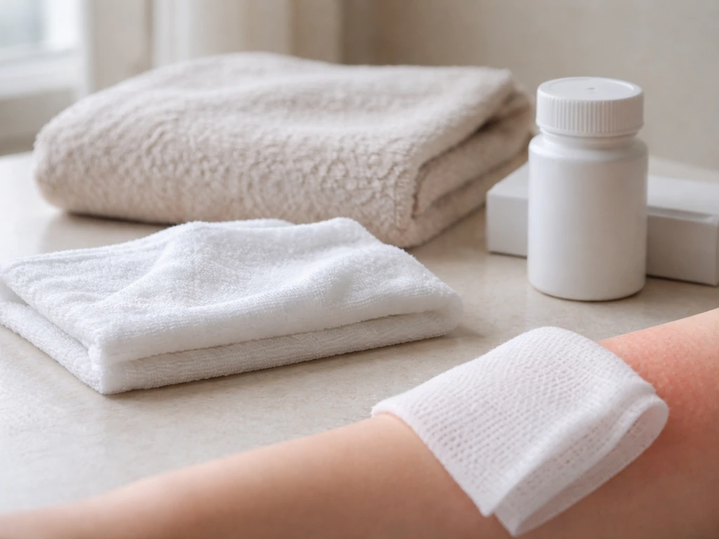 Compresse froide humide et boîte d’antihistaminique posées près d’une zone de peau irritée, ambiance calme.