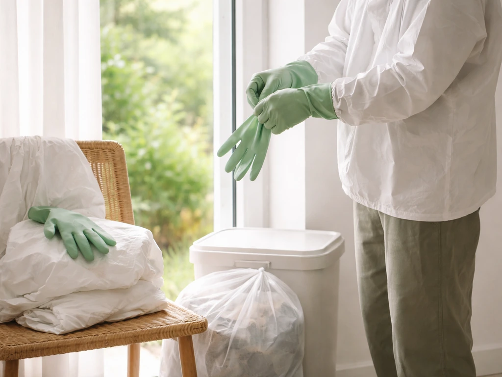 Personne anonyme en gants et manches longues à côté d’un sac/bac dédié pour nettoyer les vêtements après la zone végétal