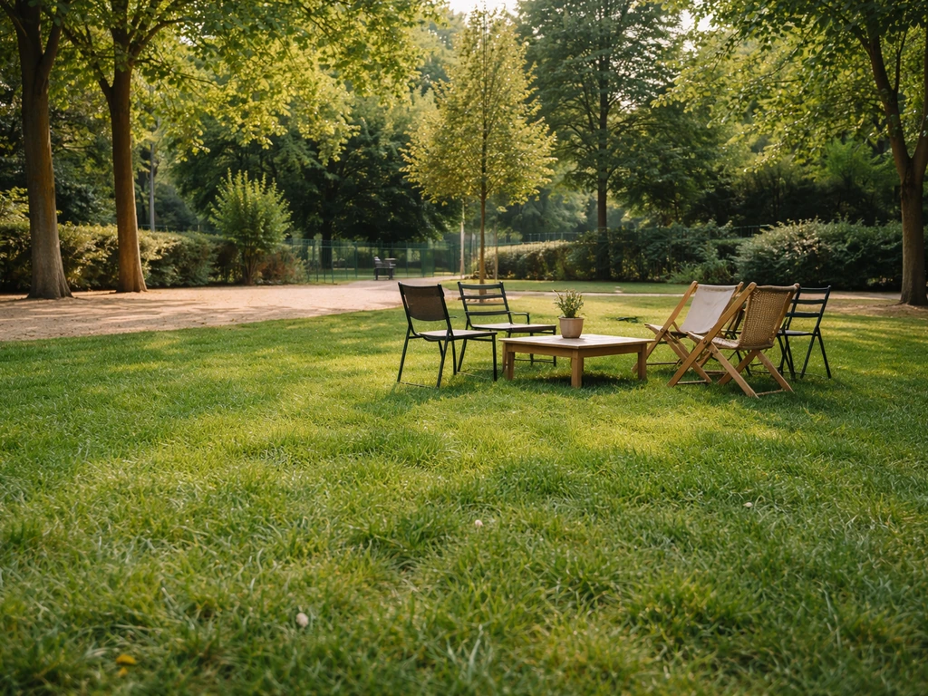 Pelouse verdoyante et mobilier extérieur dans un parc, ambiance conviviale à Vanves, lumière naturelle.