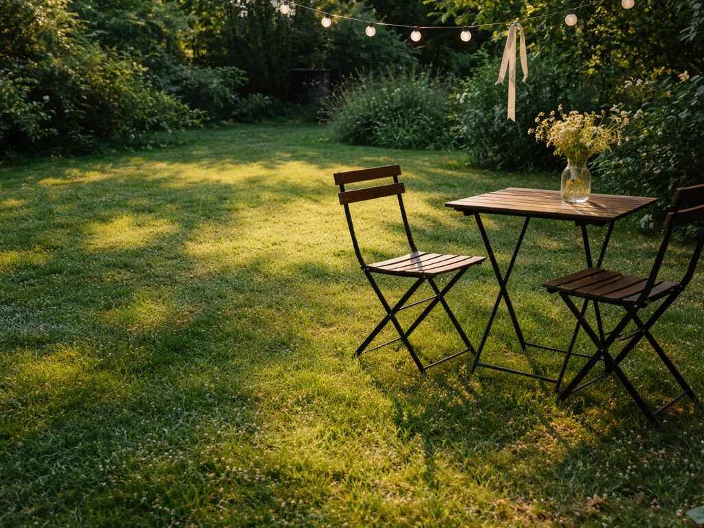 Pelouse et jardin ensoleillés avec mobilier extérieur, ambiance été festive, sans personnes.