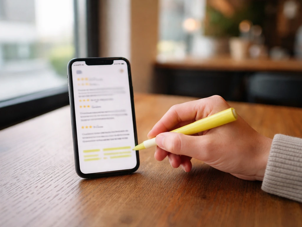 Smartphone sur une table, écran flouté avec étoiles et commentaires, surlignage discret des points de friction.