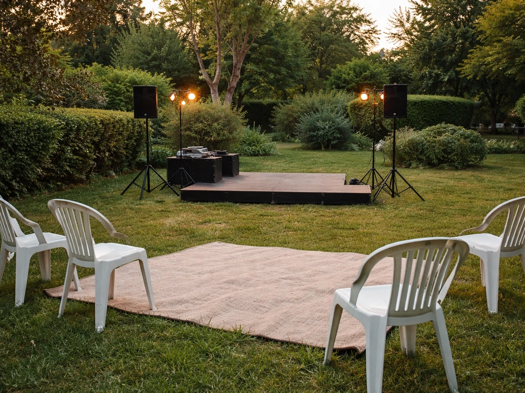 Jardin avec herbe et petite scène extérieure, ambiance calme d’expérience artistique à l’instant.