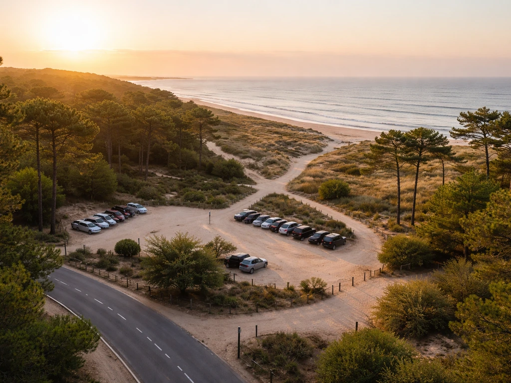 Panorama aérien de L’Herbe au Cap Ferret, route et accès plage, pour repérer la zone de stationnement.