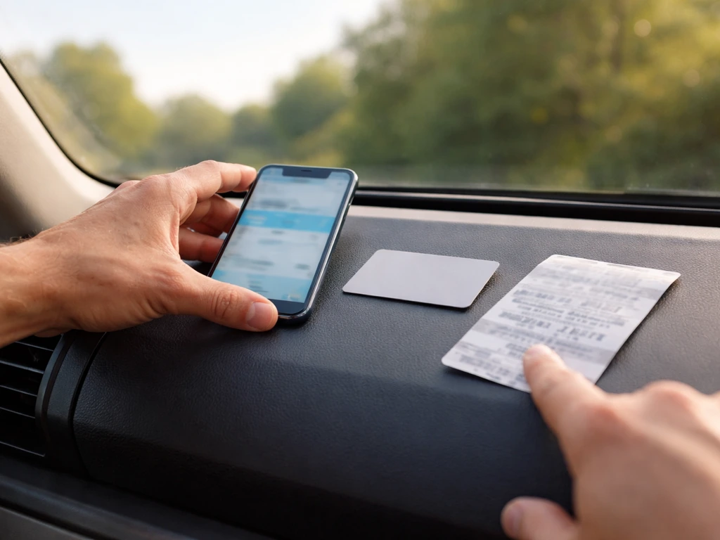 Main vérifiant un ticket de stationnement et un smartphone sur le tableau de bord, ambiance matin d’été.