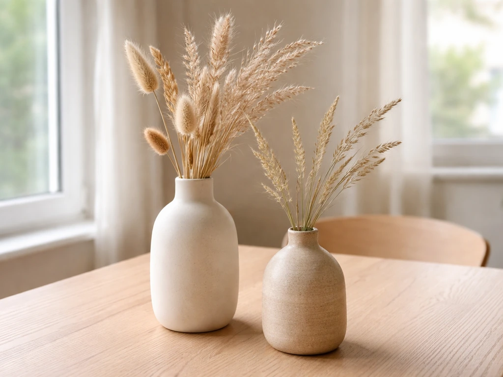 Composition de graminées séchées dans des vases élégants, tons naturels, déco herbe en intérieur.