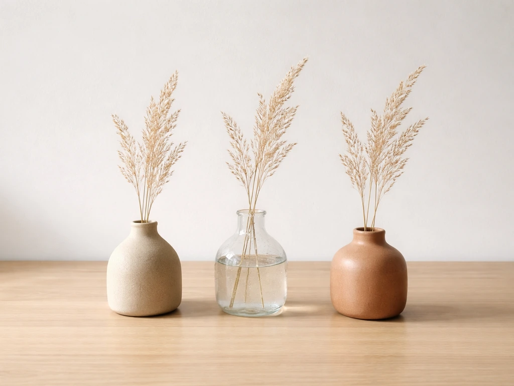 Trois contenants minimalistes (grès mat, verre soufflé, pot) avec des graminées séchées et rendus contrastés