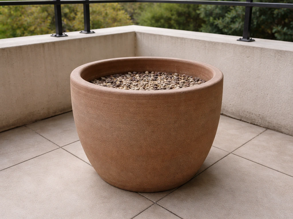 Pot lourd en terre cuite avec drainage de graviers sur un balcon, prêt pour des graminées vivantes