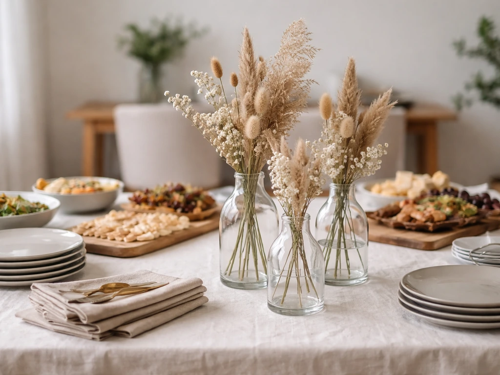 Trois vases de hauteurs différentes au centre d’une table dressée, avec pampas et queue de lièvre séchées.