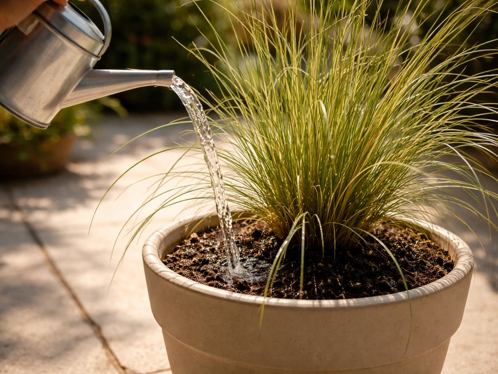 Graminée en pot arrosée en été, filet d’eau tombant sur le terreau et les feuilles.