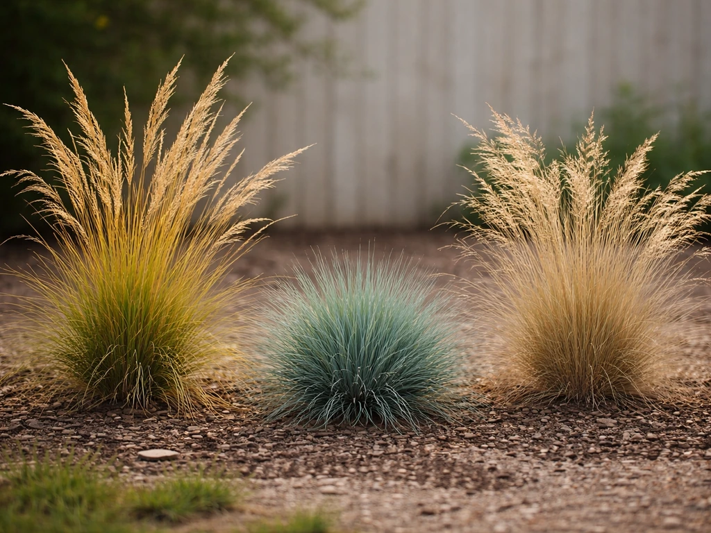 Herbes décoratives dorées, vert bleuté et beiges, au jardin, textures nettes et fond flou.