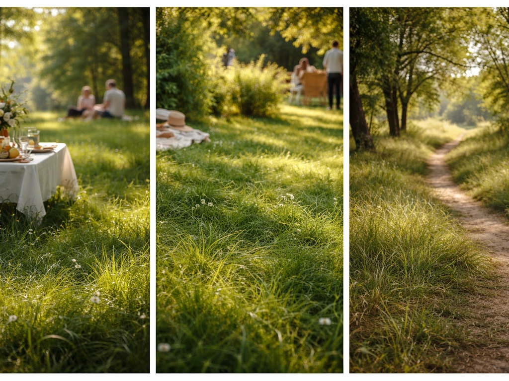 Trois vignettes photo de déjeuners et paysages en plein air, herbe verte, lumière et textures variées.