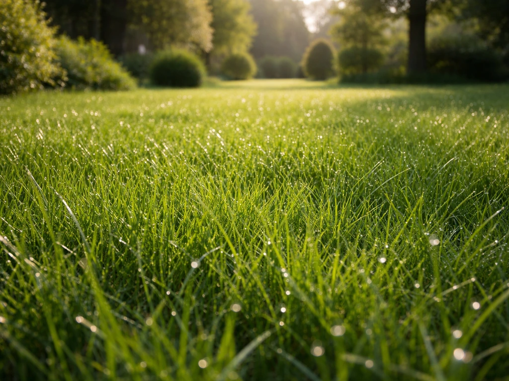 Zoom sur une pelouse verte réaliste, éclatée de lumière, évoquant la modernité au sol.
