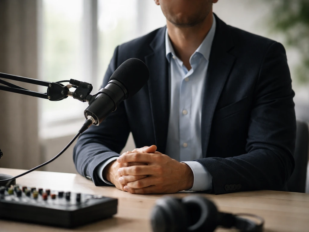 Un journaliste anonyme dans un studio, assis près d’un micro, ambiance rédaction avec lumière naturelle.