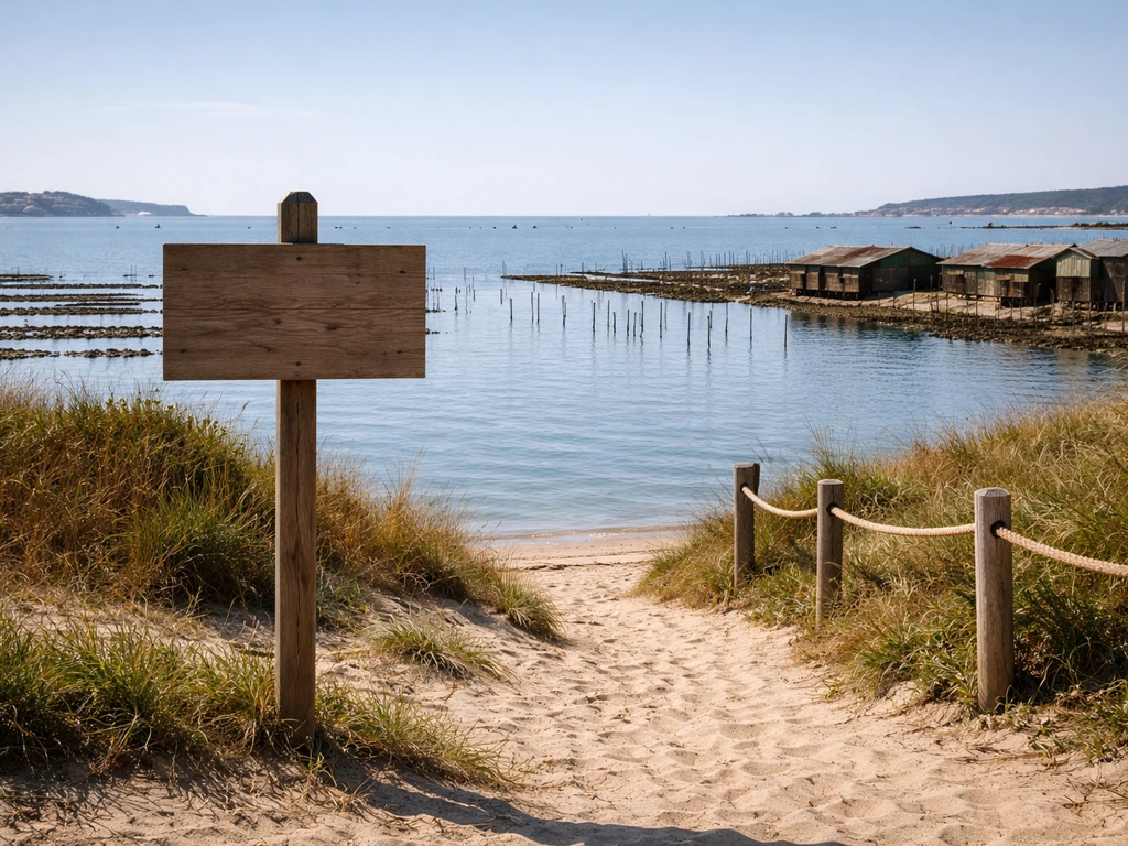Bassin ostréicole au Cap Ferret avec cabanes et jetée au loin, repères naturels pour L’Herbe et Arcachon.