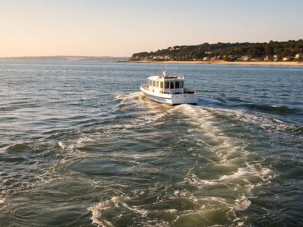 Bateau discret naviguant près d’une passe du bassin d’Arcachon, vers L’Herbe, au coucher du soleil.