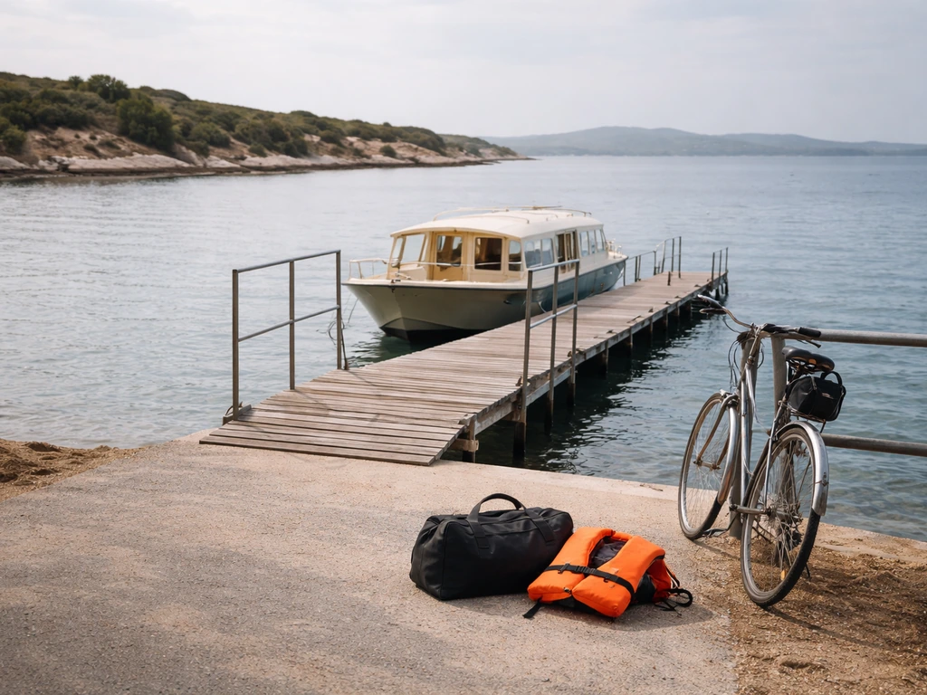 Vue réaliste d’un petit embarcadère au bord de l’eau avec zone de débarquement, sacs et vélo en arrière-plan