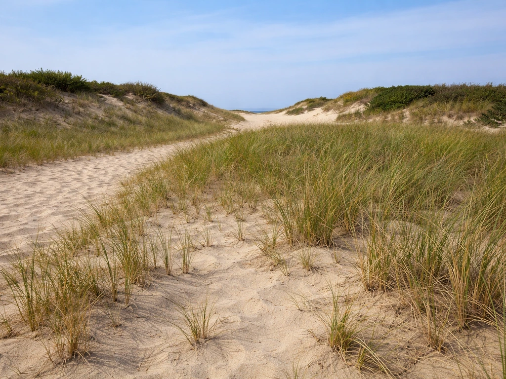 Dunes à Cap Ferret avec une zone d’herbe rase, herbes et sable visibles, lumière naturelle.