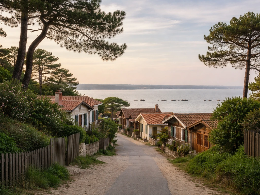 Vue du village de l’Herbe côté bassin d’Arcachon, horizon et ambiance littorale au premier plan.