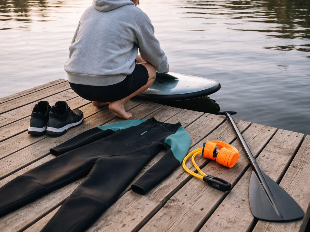 Tenue de glisse et matériel nautique prêts sur un ponton : chaussures antidérapantes, combinaison, brassard et pagaie.