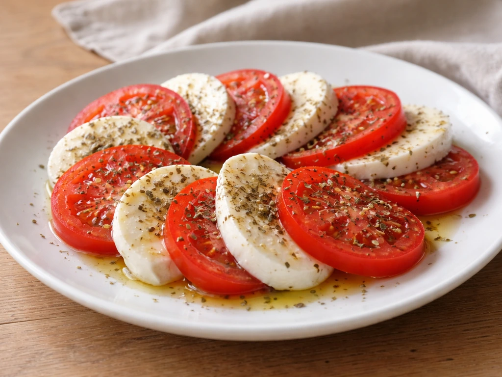 Assiette de tomates mozzarella, herbes de Provence et filet d’huile d’olive, style cuisine familiale française.