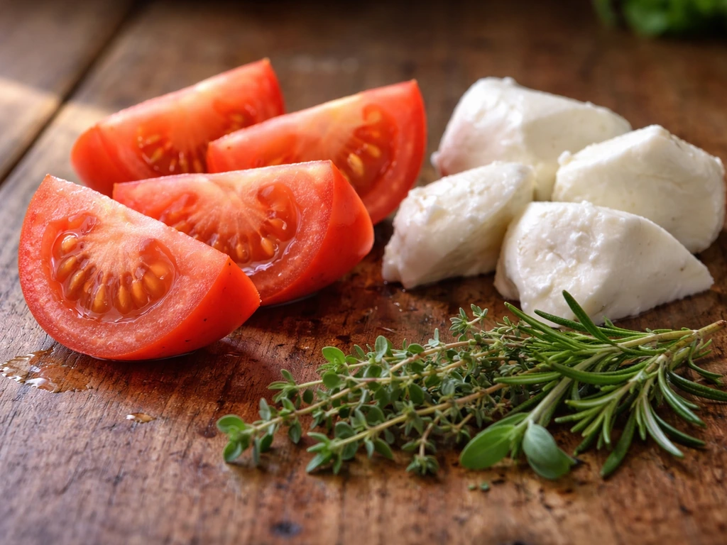 Tomate mûre tranchée, mozzarella et herbes de Provence prêtes à être ajoutées sur une table en bois.