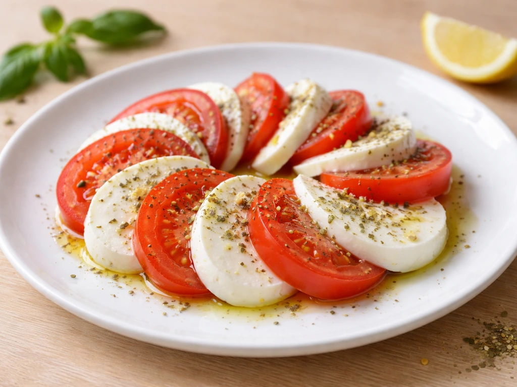 Assiette de tomates et mozzarella, filet d’huile d’olive et pincée d’herbes de Provence, tour de poivre/citron.